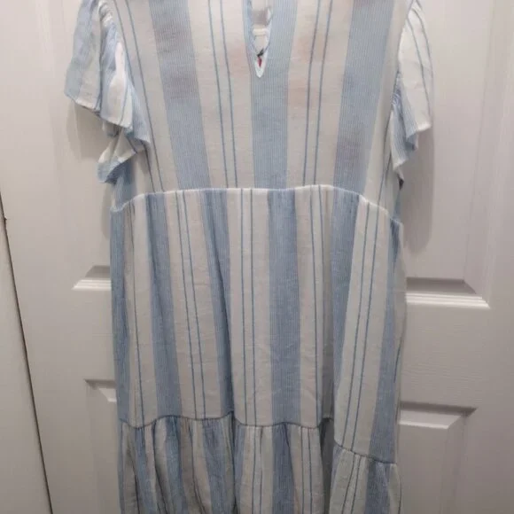 By The River Embroidered Stripe Dress Size Large Blue White Floral Boho Midi - Picture 11 of 11